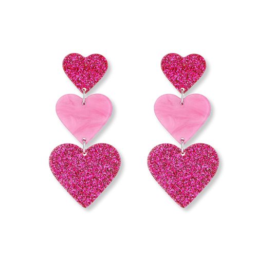 Pink Glitter Triple Heart Lover Dangle Earrings