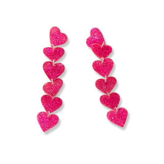 Pink Glittery Heart Long Drop Earrings