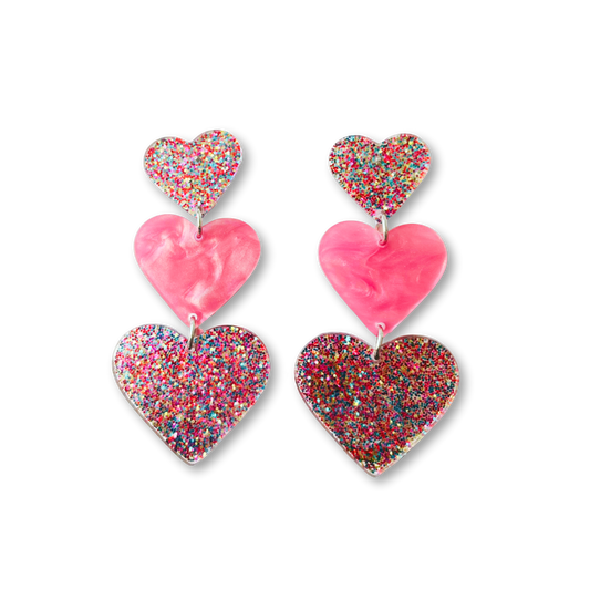 Fairy Bread Triple Heart Rainbow Glitter Dangle Earrings