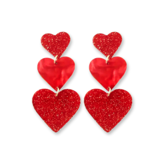 Ruby Red Edition Triple Heart Glitter Dangle Earrings