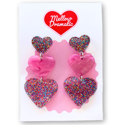 Fairy Bread Triple Heart Rainbow Glitter Dangle Earrings