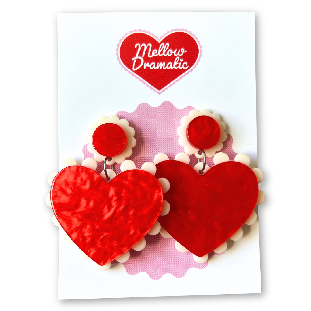 Vintage Valentine's Heart Frill Red Marble Acrylic Earrings