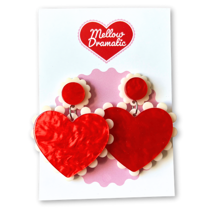 Vintage Valentine's Heart Frill Red Marble Acrylic Earrings